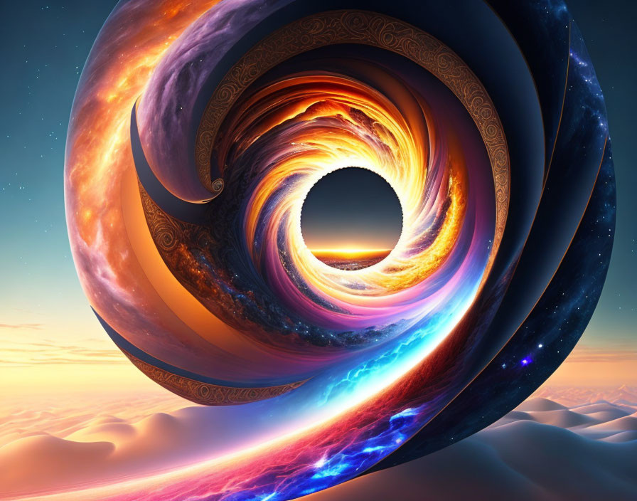 Swirling Colors Wormhole Over Desert Landscape at Twilight