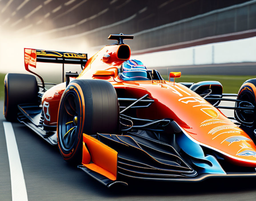 Vibrant orange and blue Formula 1 racing car on racetrack