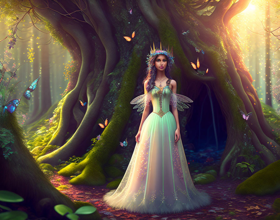 Mystical fairy queen in sparkling gown in enchanted forest