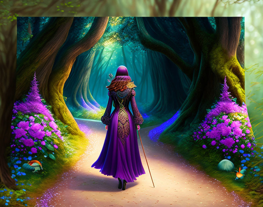 Person in purple cloak with staff on forest path surrounded by violet flowers and mystical lights