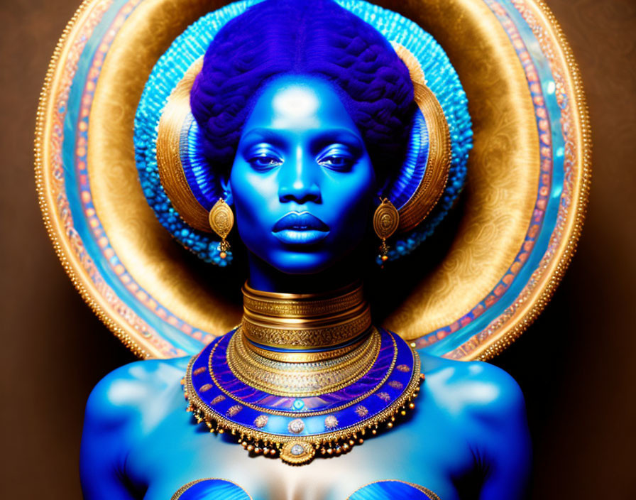 Blue-skinned person in gold mandala setting with intricate jewelry