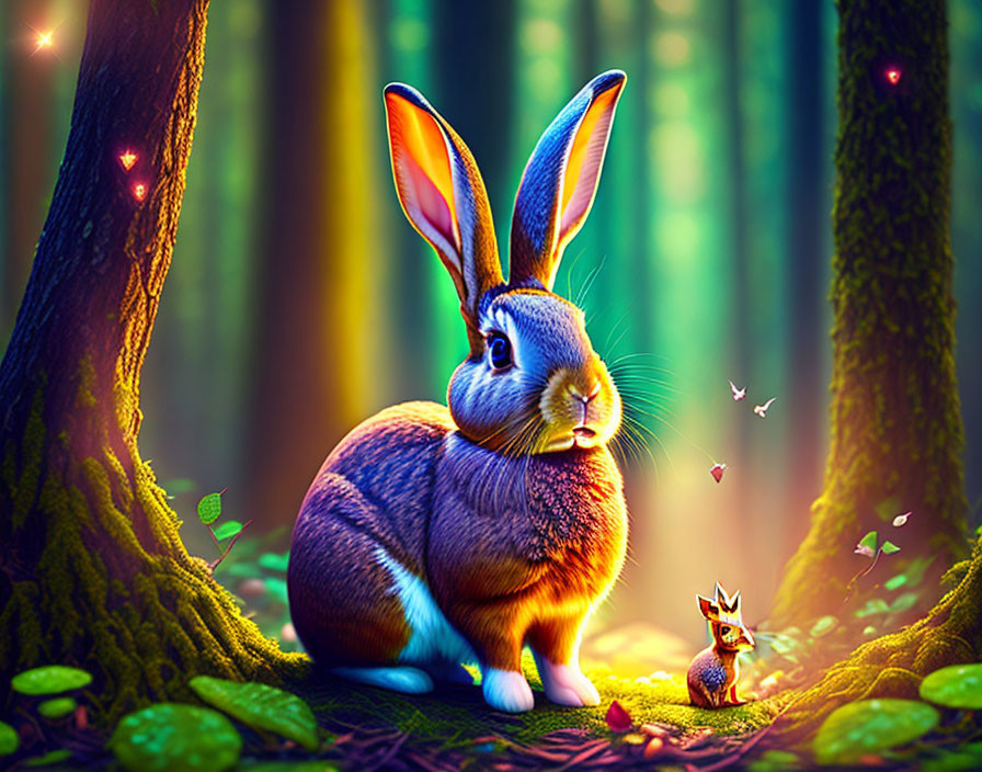 Vibrantly colored rabbit in magical forest with glowing lights