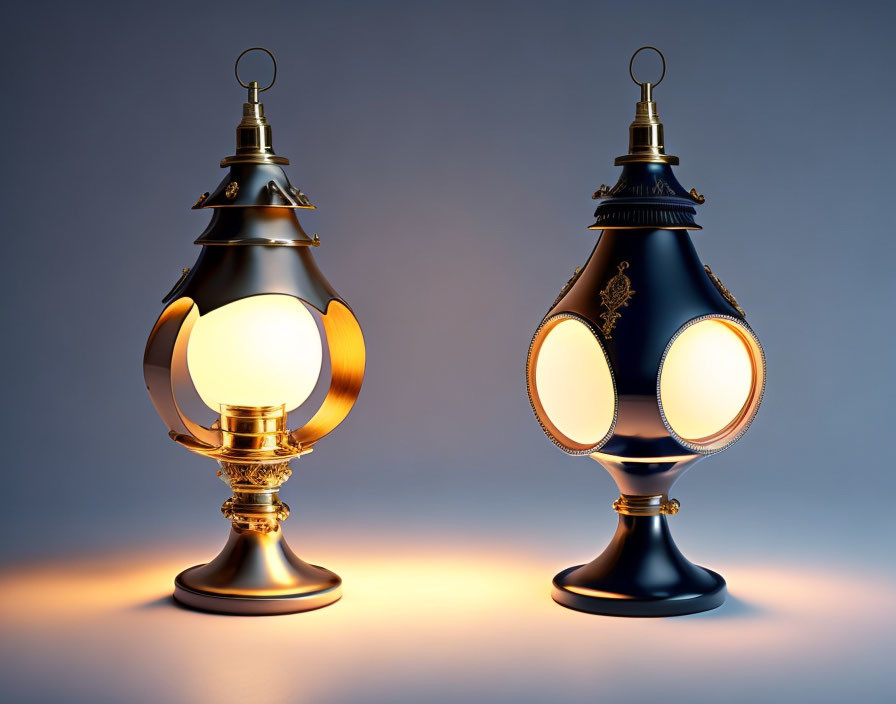 Vintage lanterns with glowing gold and black bulbs on gradient background