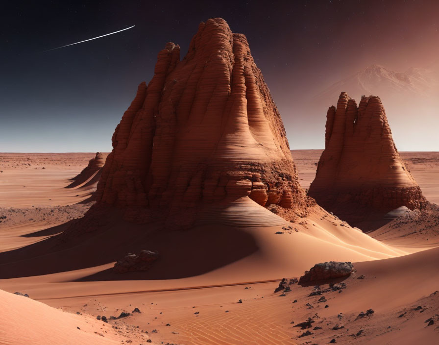 Red Sandstone Formation in Desert with Comet and Volcano
