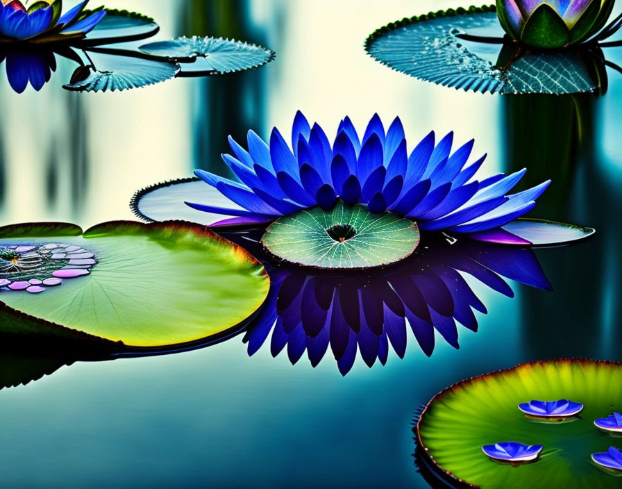 Blue Water Lily with Reflection on Water and Lily Pads in Green Surroundings