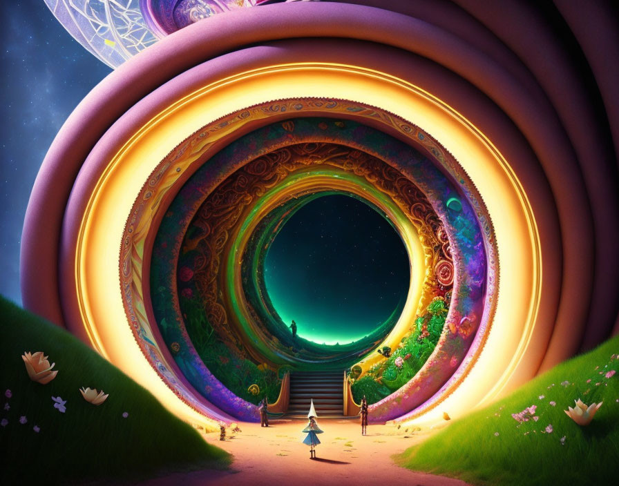 Colorful Arches and Cosmic Portal in Vibrant Fantasy Landscape