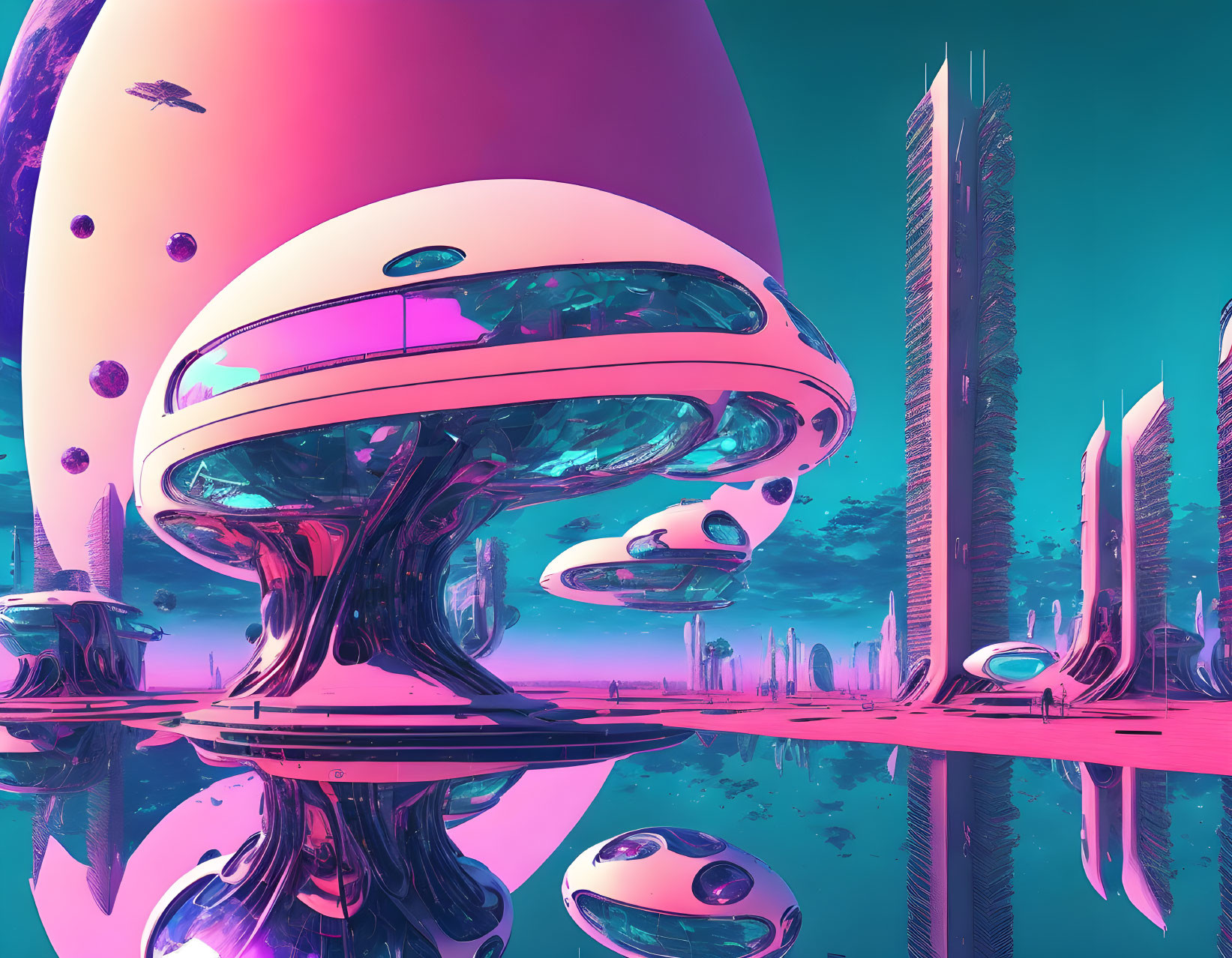 Abstract Futuristic Cityscape in Vibrant Pink and Blue Hues