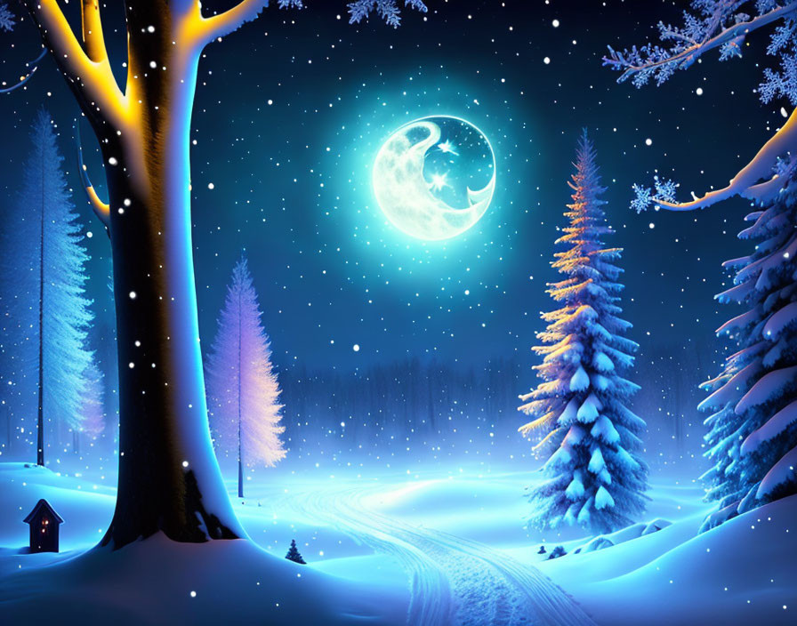 Snow-covered trees under full moon in enchanted winter night