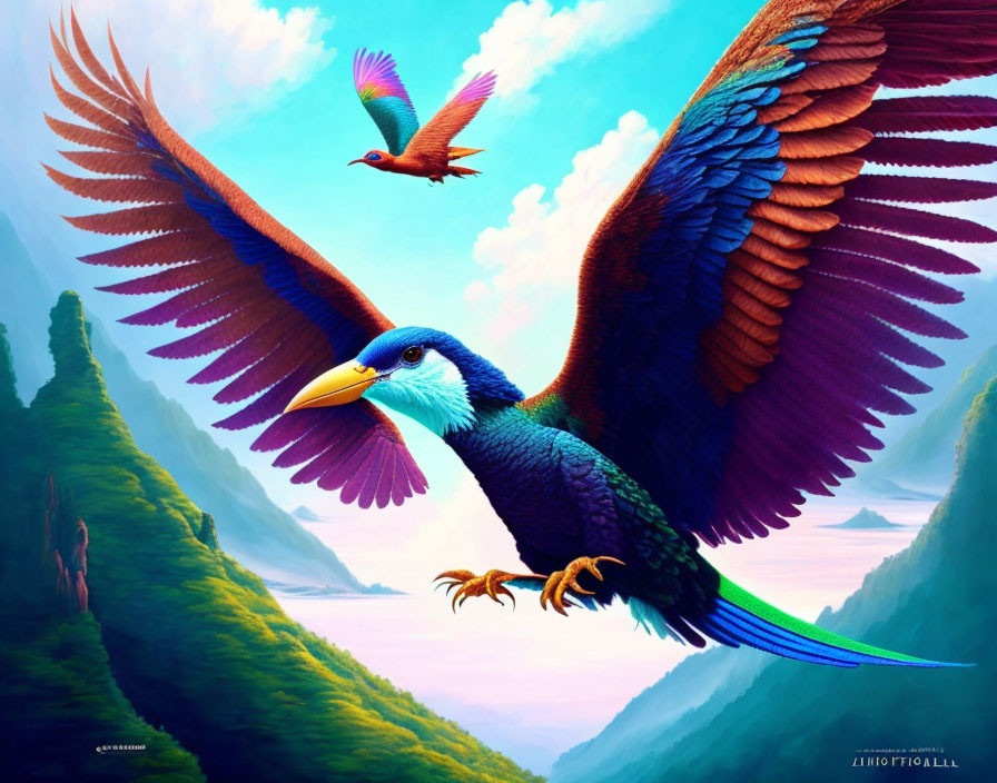 Colorful mythical bird flying over lush mountain valley with smaller bird.