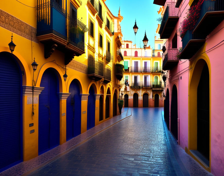 Colorful street with cobalt blue doors and cobblestone pathway in golden sunlight