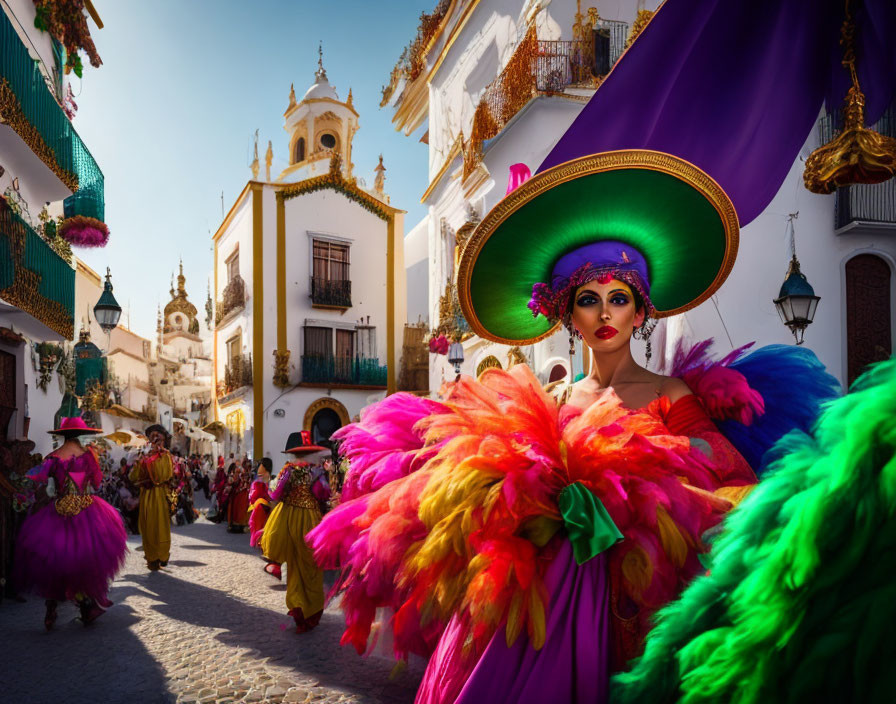 Colorful traditional street parade with person in vibrant costume and green hat.