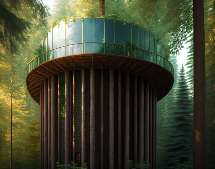 Glass-topped cylindrical treehouse in dense forest