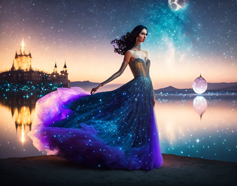 Woman in starry night gown by serene lake at twilight