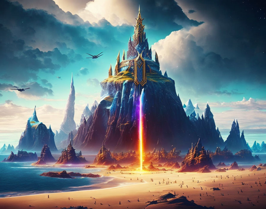 Fantastical Landscape with Castle-Topped Mountain, Rainbow Waterfall, Dragons, and Luminous