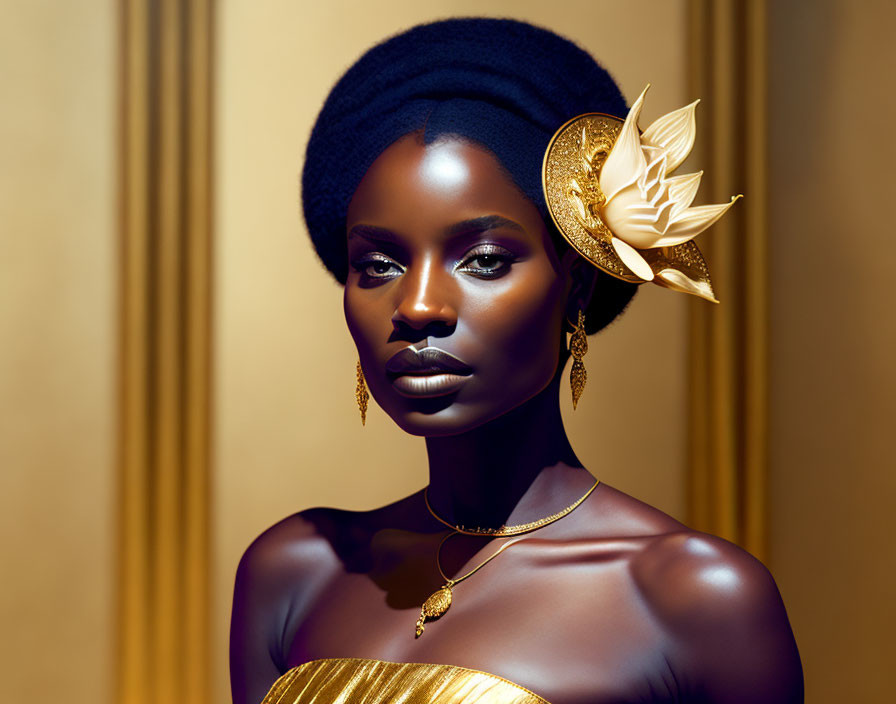 Portrait of woman with dark skin in blue head wrap and gold lotus accessory against golden backdrop