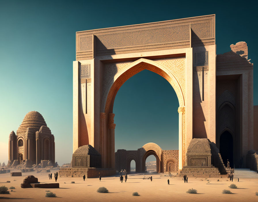 Desert landscape with sandstone arches and ruins under clear sky