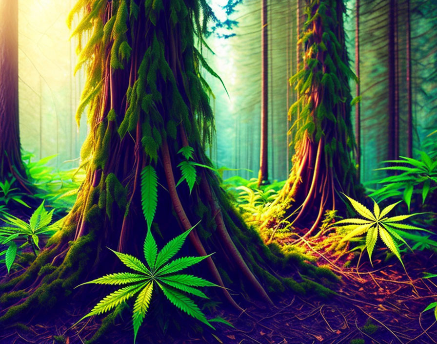 Sunlit forest with tall trees, lush ferns, and moss-covered trunk