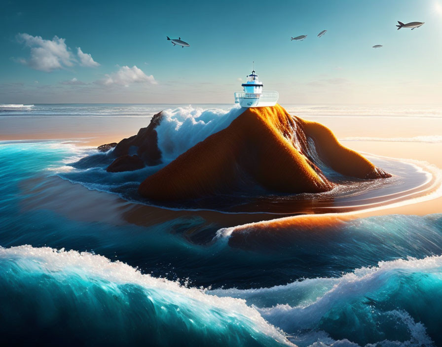 Ship stranded on steep rock in swirling blue ocean with birds flying under serene sky