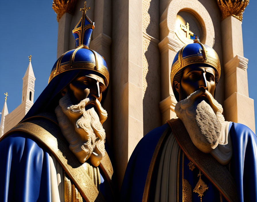 Golden statues of bearded figures in blue cloaks and helmets by a cathedral.