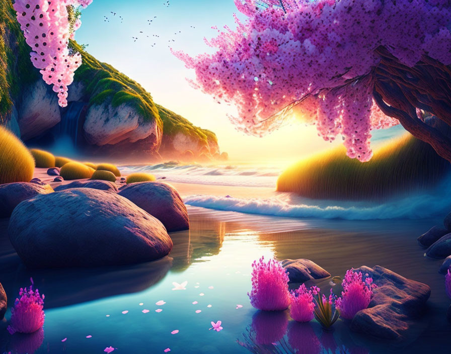 Tranquil landscape with pink trees, smooth rocks, and reflective water