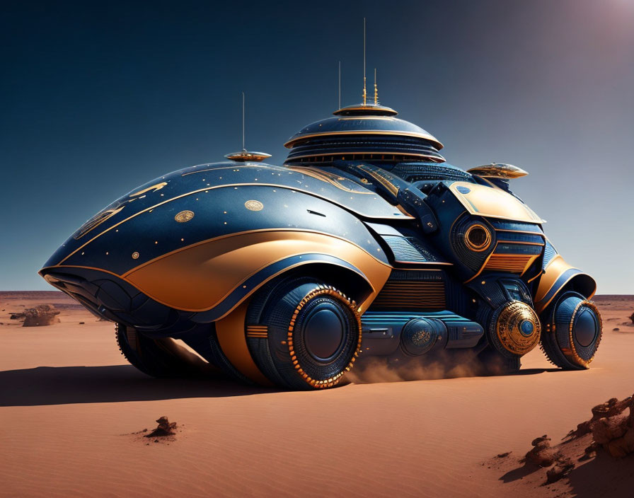 Blue and Gold Futuristic Spacecraft Vehicle in Desert Landscape