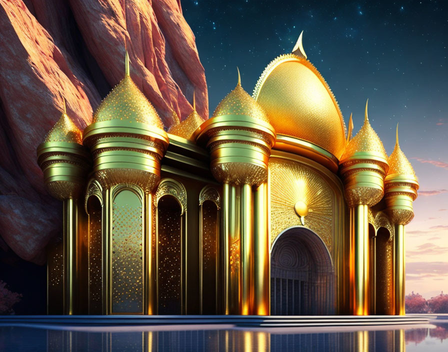 Ornate palace with golden domes and spires against red cliffs and water