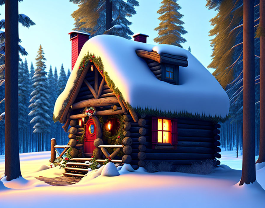 Festive log cabin in snowy forest at twilight