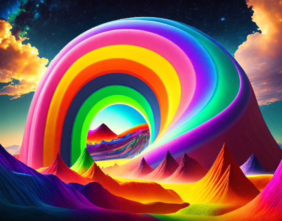 Surreal landscape with layered rainbow over multicolored mountains