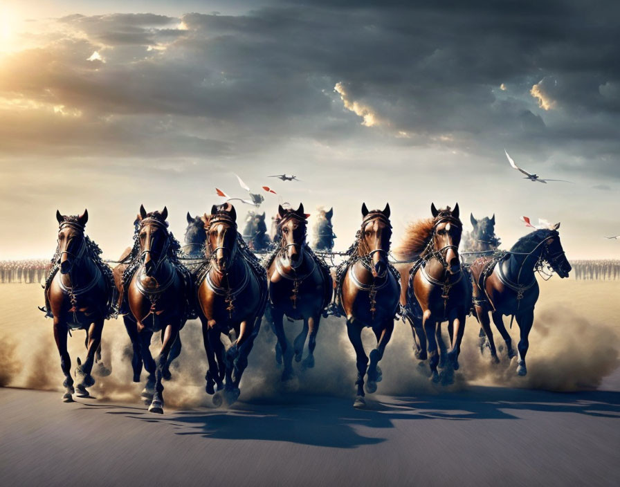 Majestic horses galloping on dusty plain under dramatic sky