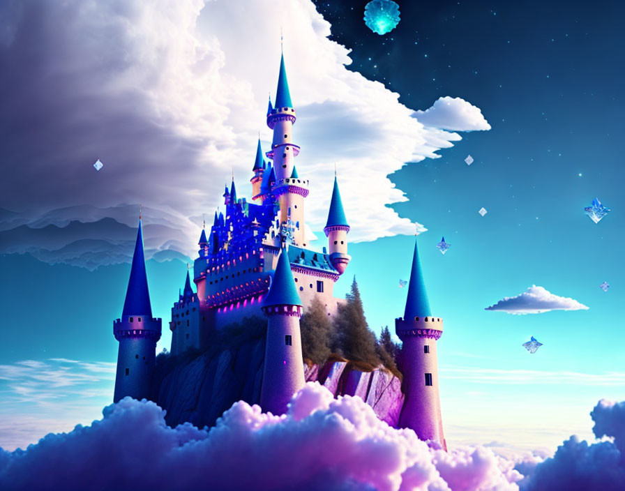 Purple Castle on Cliff with Stars and Crystals: A Fantasy Scene