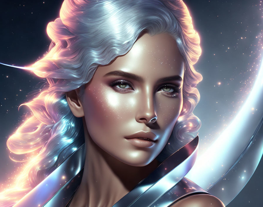 Digital portrait of woman with luminescent skin and celestial motifs.