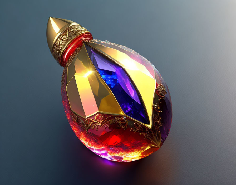 Golden-Capped Perfume Bottle with Blue Gemstone on Gradient Blue Background