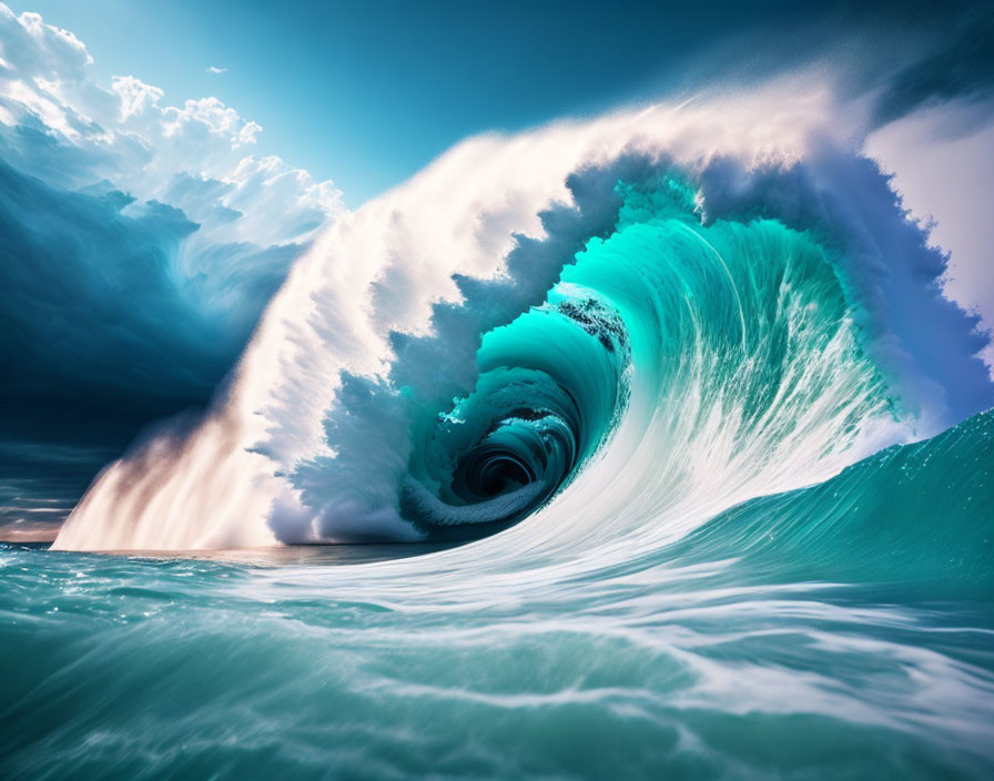 Turquoise Wave Curling Under Dramatic Sky