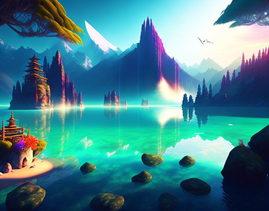 Luminescent water and towering rock formations in surreal landscape