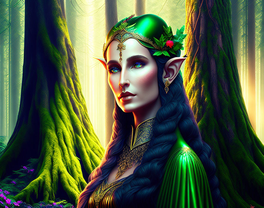 Female elf with pointed ears in green dress and golden tiara with red flowers in magical forest