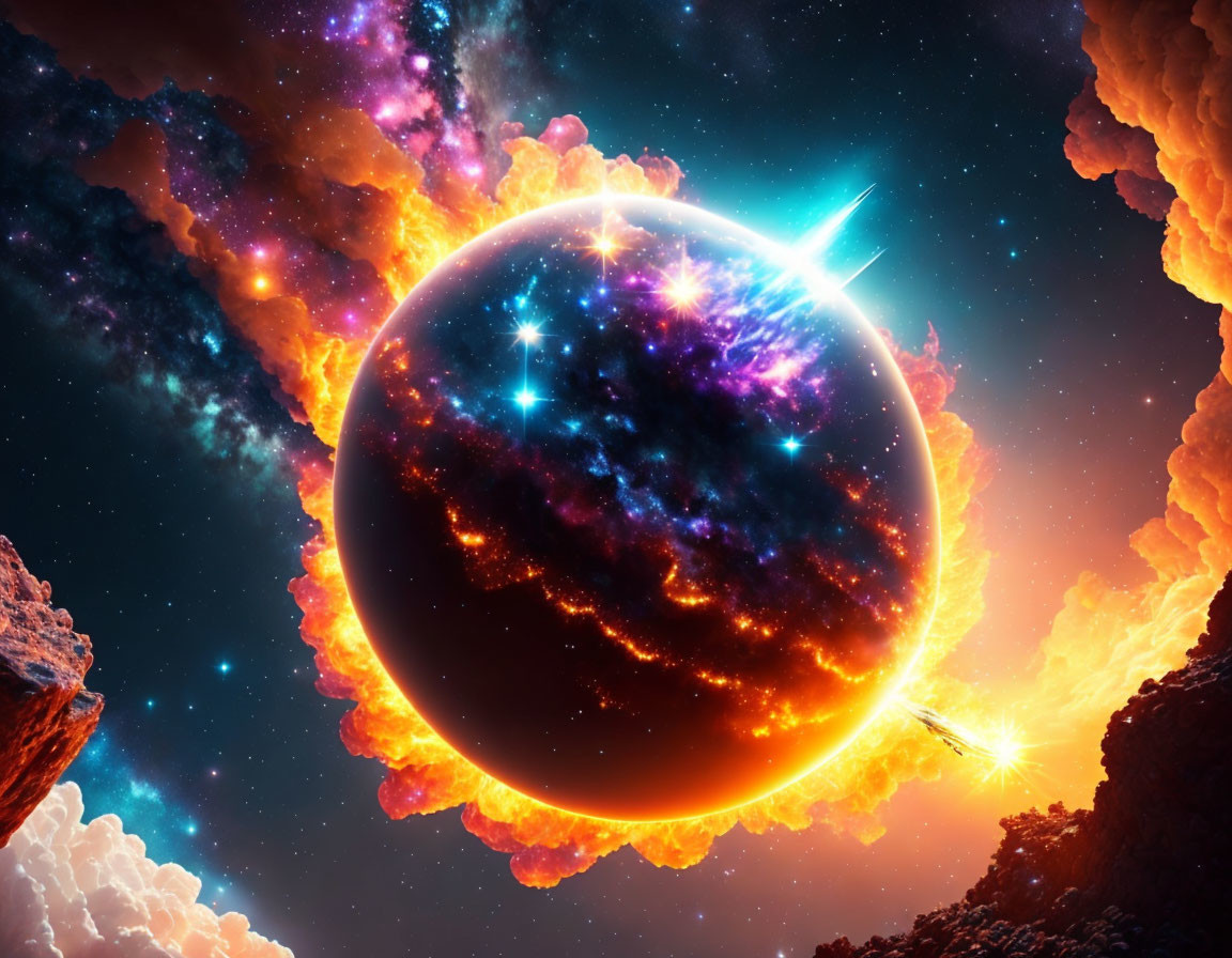 Colorful celestial body in star-filled space scene