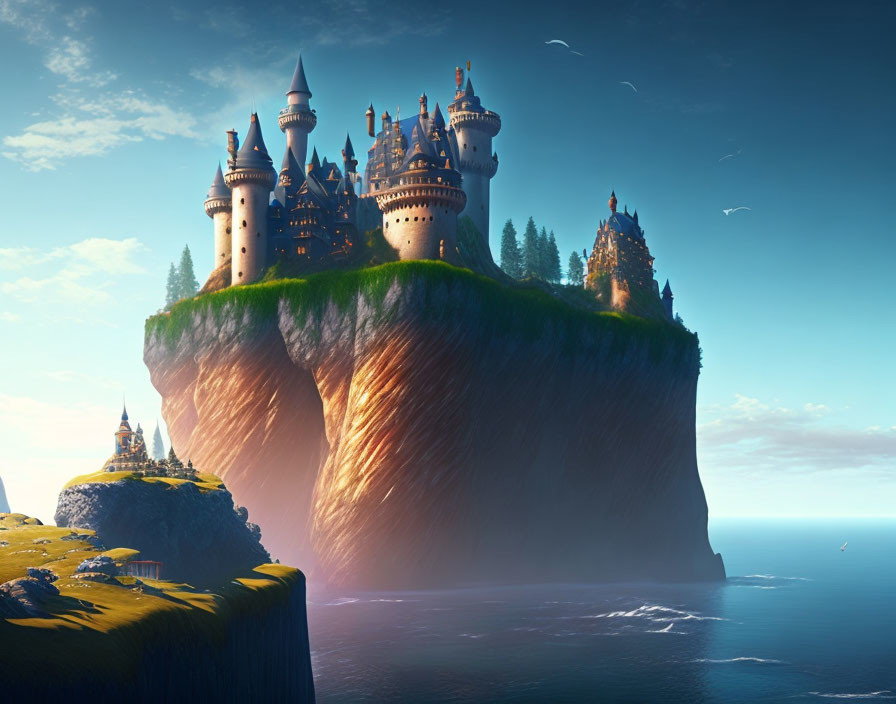 Fantasy castle with towers on cliff near sea and smaller structure on hill