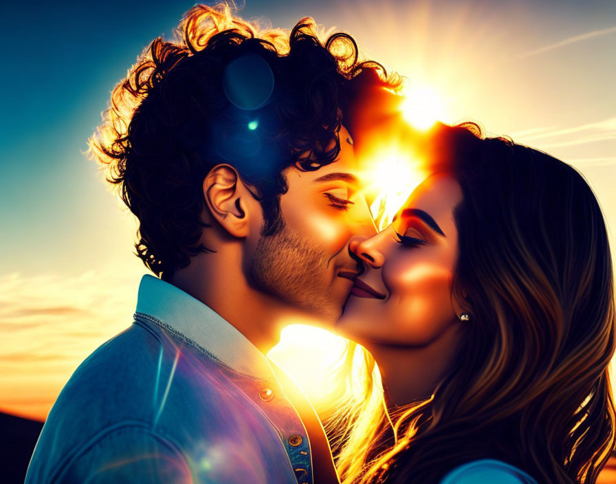 Couple sharing forehead kiss at sunset with warm colors and lens flare.