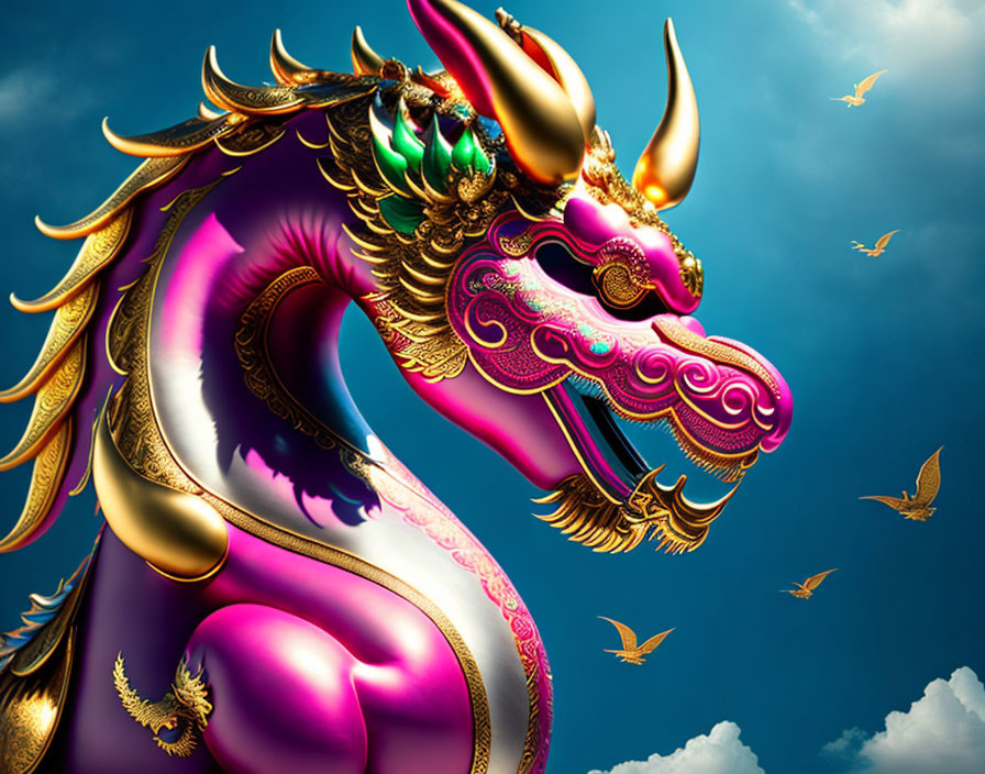 Colorful dragon sculpture with golden birds in blue sky