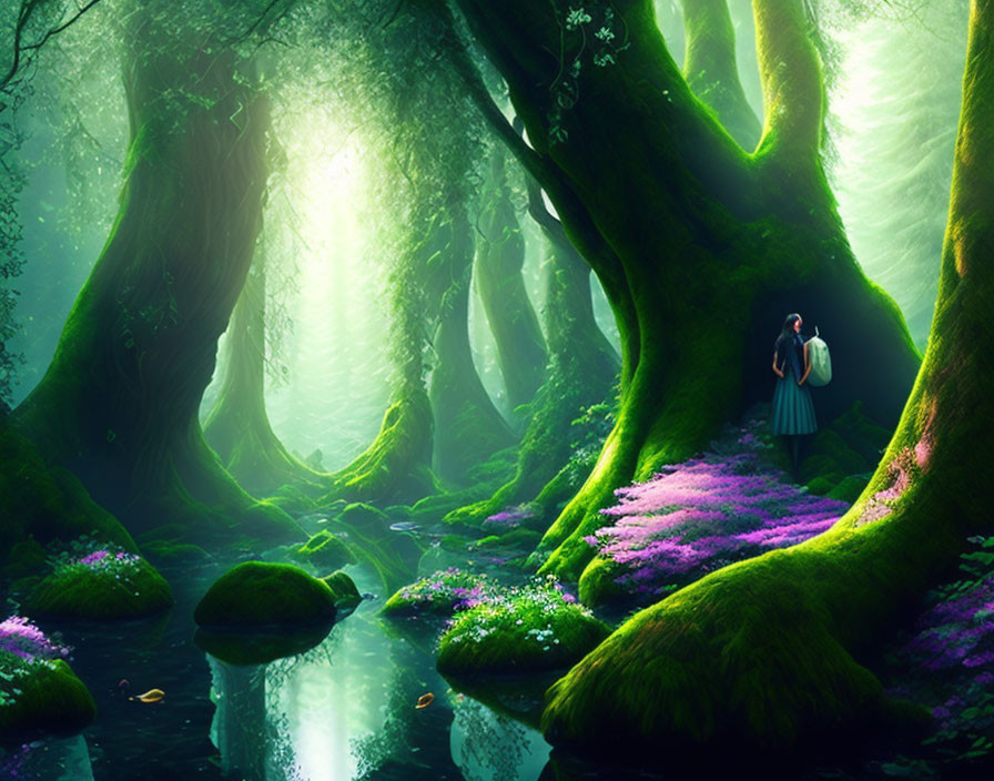 Person in Blue Outfit in Vibrant Mystical Forest with Green Trees and Purple Flowers