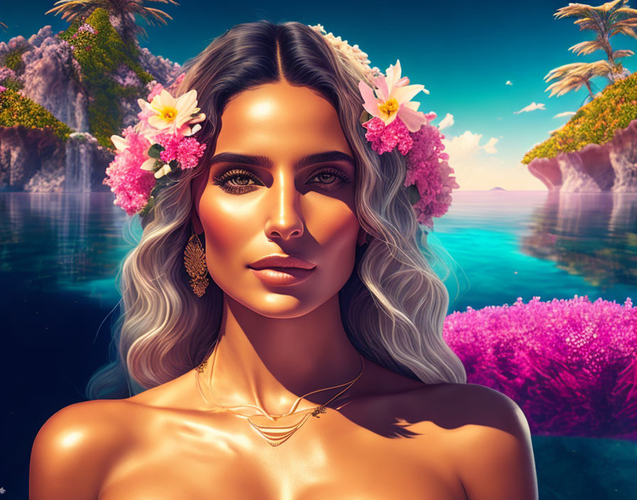 Digital portrait of woman with floral hair accessories against tropical sunset ocean landscape