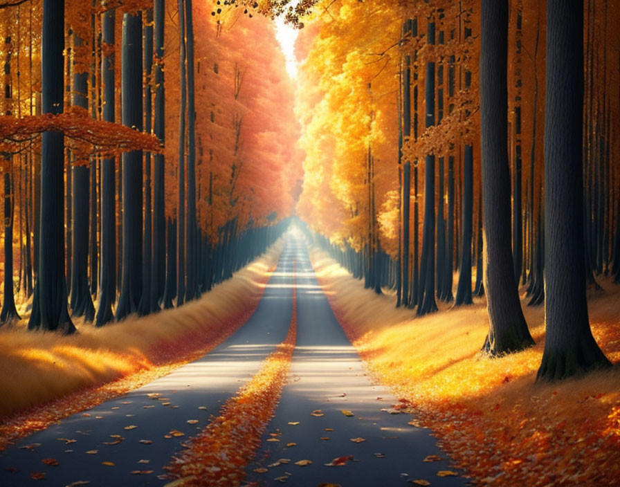 Picturesque Autumn Road with Tall Trees and Colorful Leaves