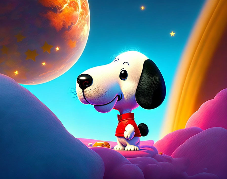 Adorable animated puppy on pink clouds with planet and stars