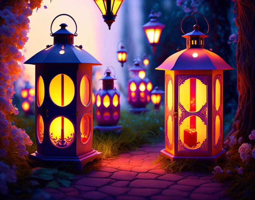 Decorative Lanterns Illuminate Garden Path at Twilight