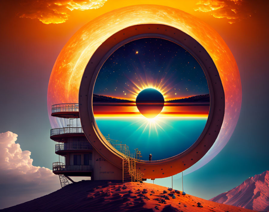 Futuristic building with circular portal, starry sky, sunrise, mountains, orange sky