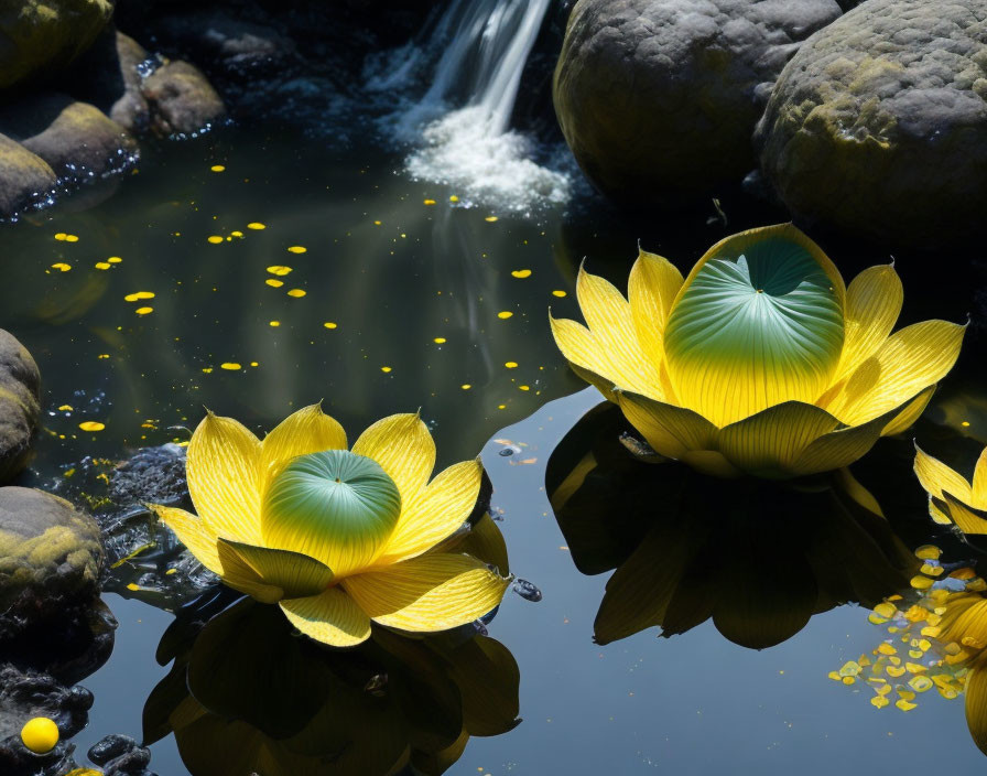 Vibrant yellow lotus flowers on calm pond with waterfall and rocks.