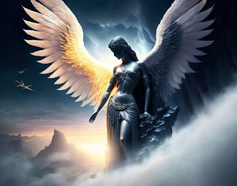 Digital artwork of angel with white wings in surreal sky.