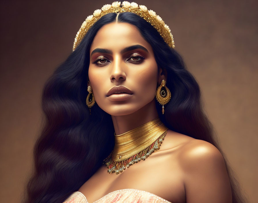 Dark-haired woman in golden headpiece and jewelry on warm backdrop