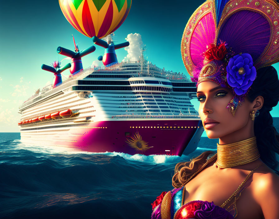 Colorful woman in carnival costume by cruise ship and hot air balloon