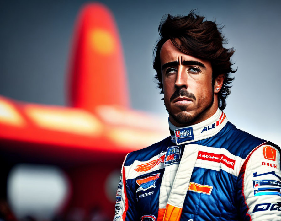 Male racing driver in blue and orange suit with sponsor logos, gazing sternly, red airplane tail